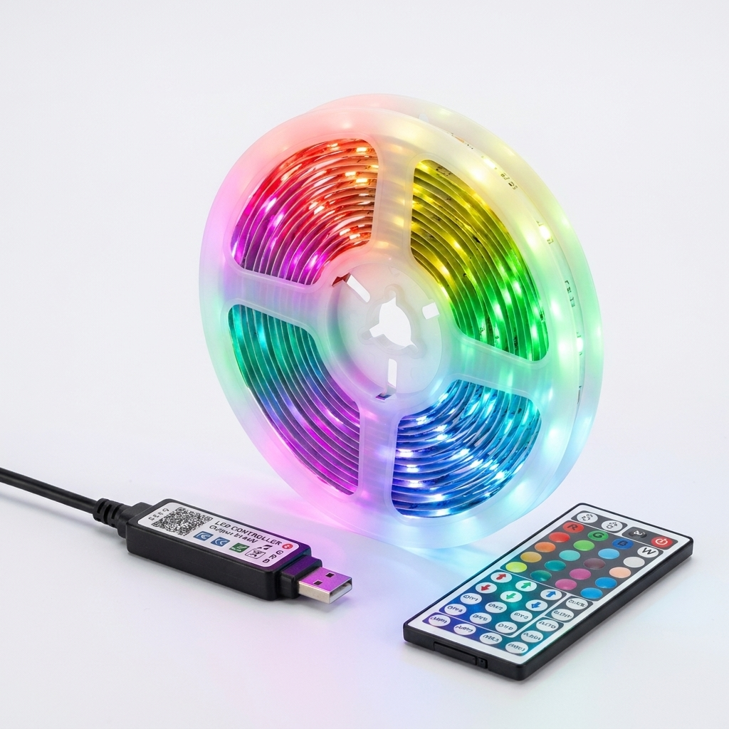 RGB LED strip lights glowing in rainbow colours with remote control