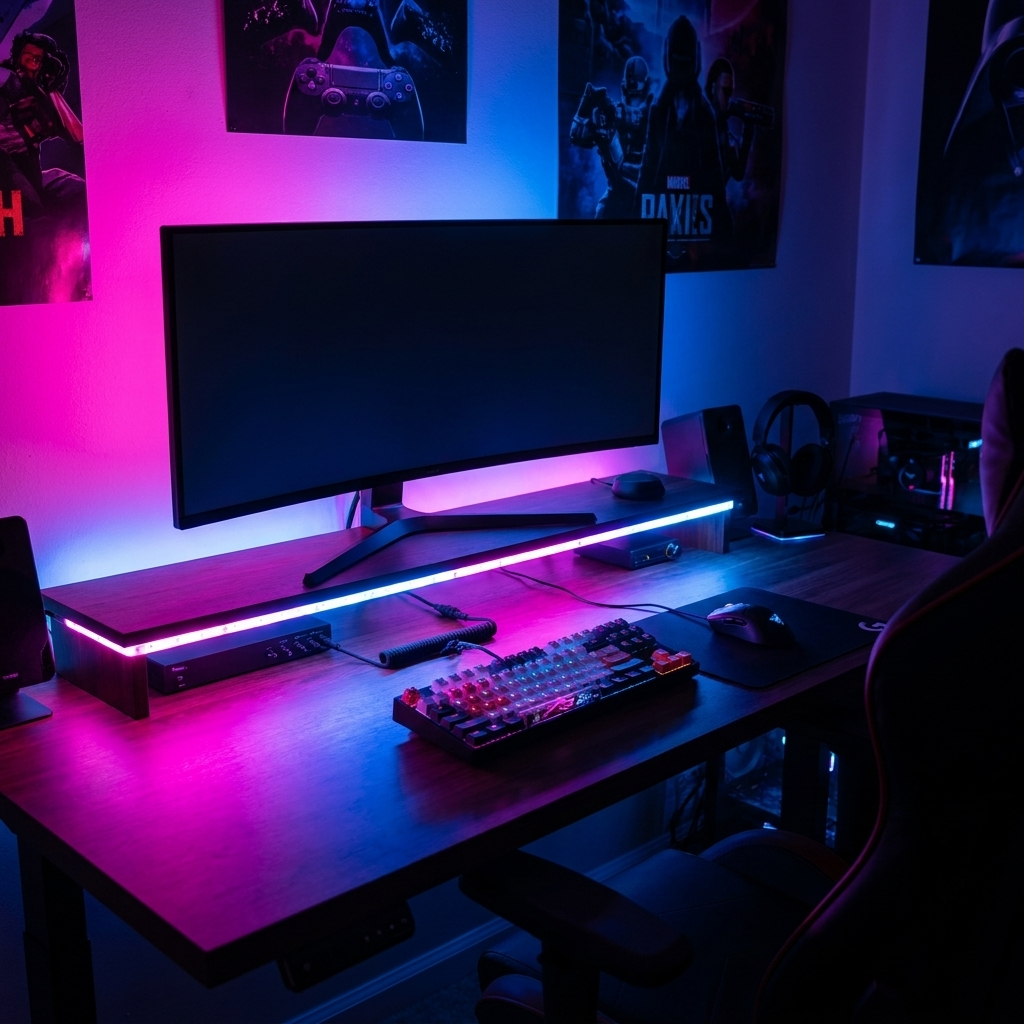 RGB LED strip lights glowing colourfully