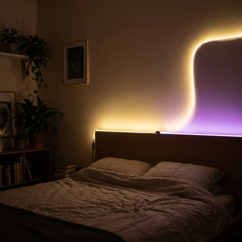 RGB LED strip lights in a bedroom