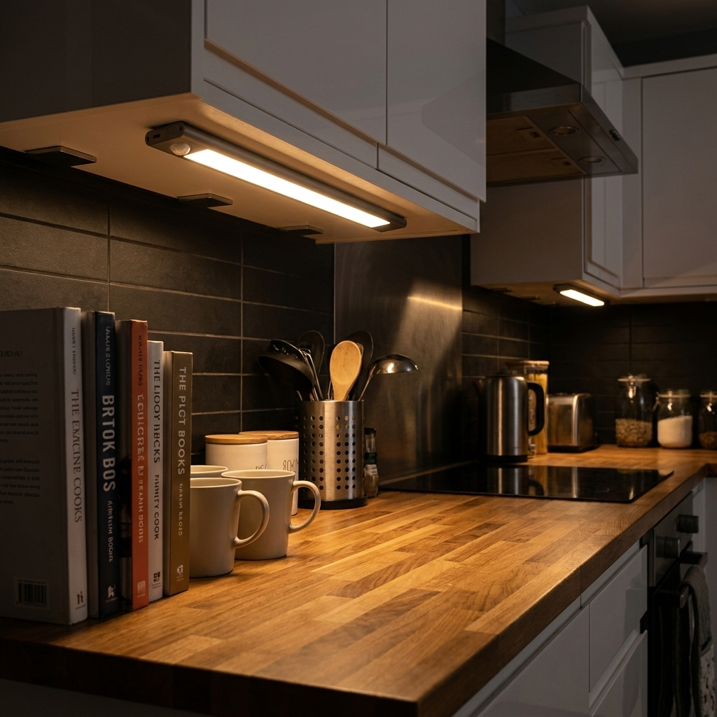 Motion sensor LED cabinet light under a cabinet