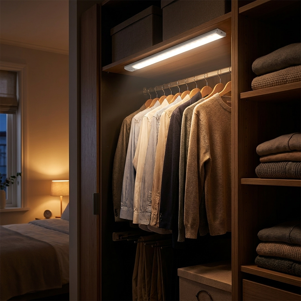Motion sensor LED cabinet light glowing warm white