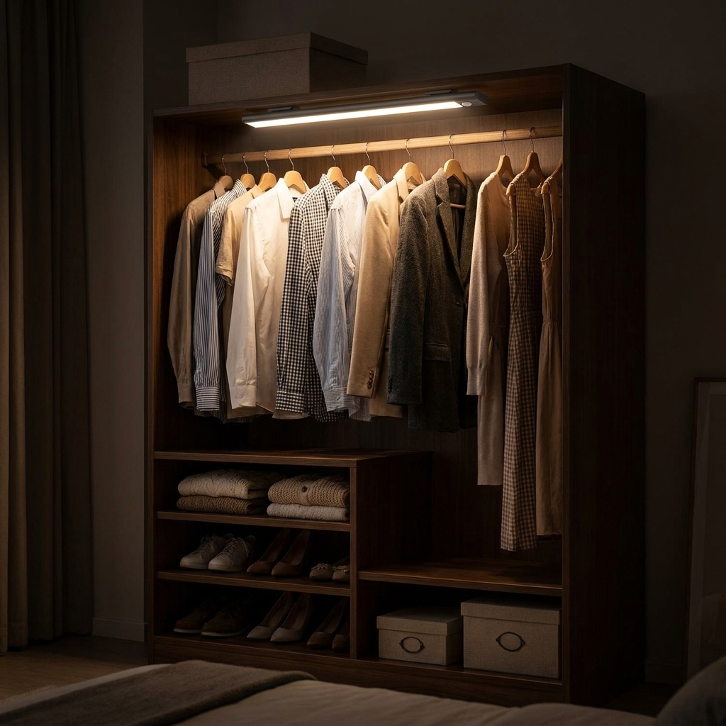 Motion sensor LED cabinet light in a wardrobe