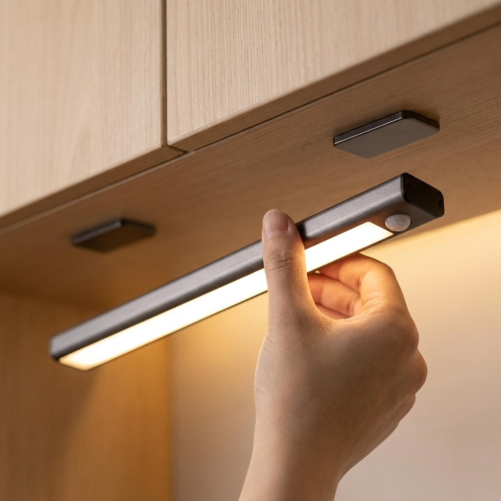 Motion sensor LED cabinet light glowing