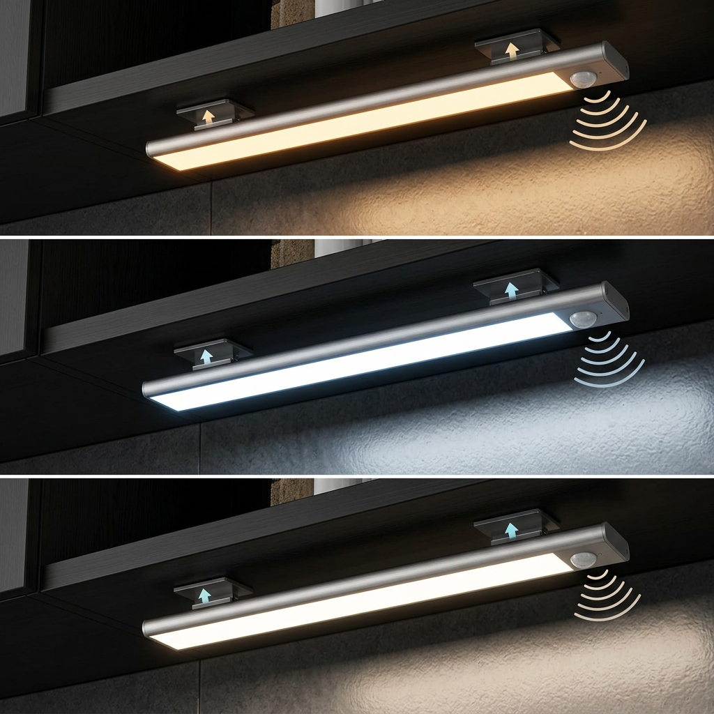 Motion sensor LED cabinet light in a kitchen