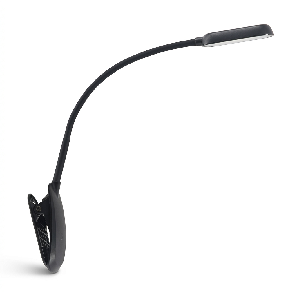 Black clip-on LED reading book light with flexible gooseneck