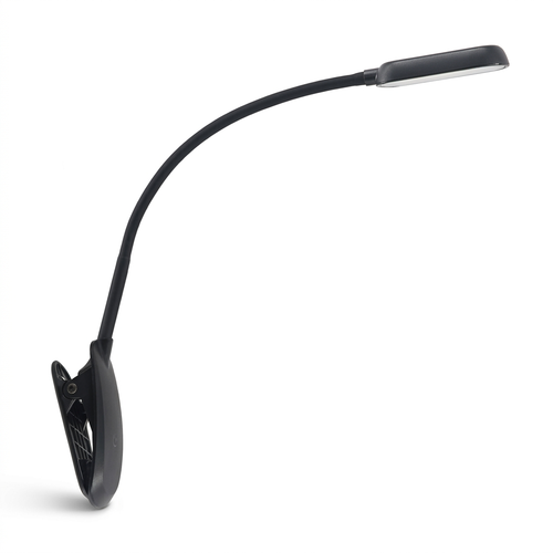 Black clip-on LED reading book light with flexible gooseneck