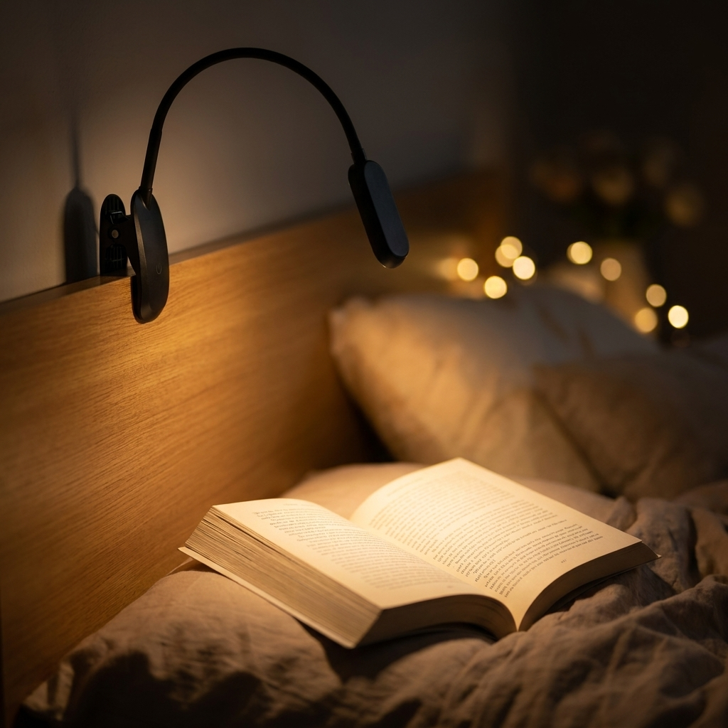 Clip-on LED book light clipped to a headboard