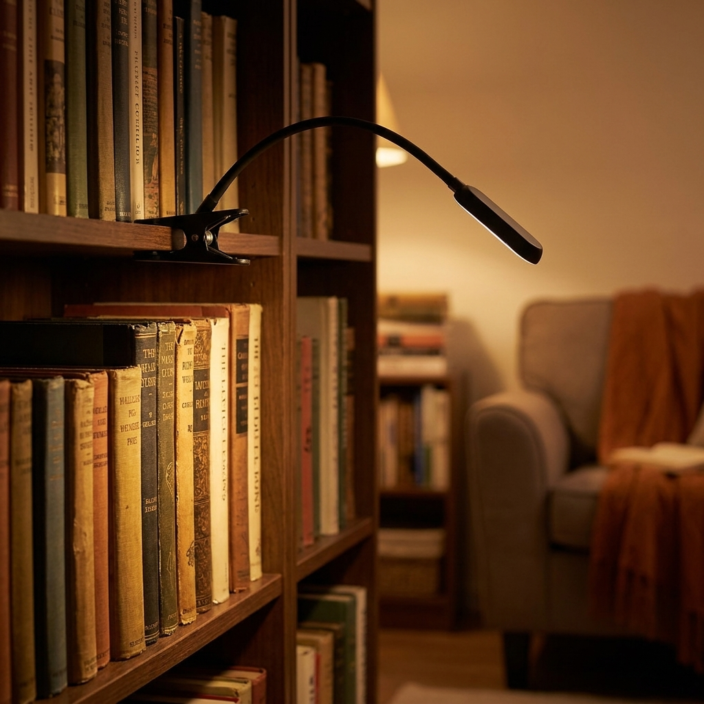 Flexible clip-on book light glowing
