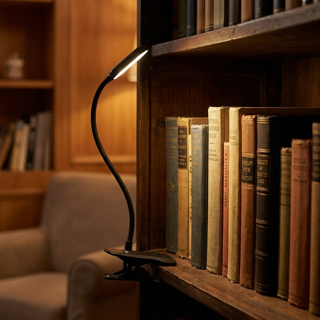 Clip-on LED reading light on a book