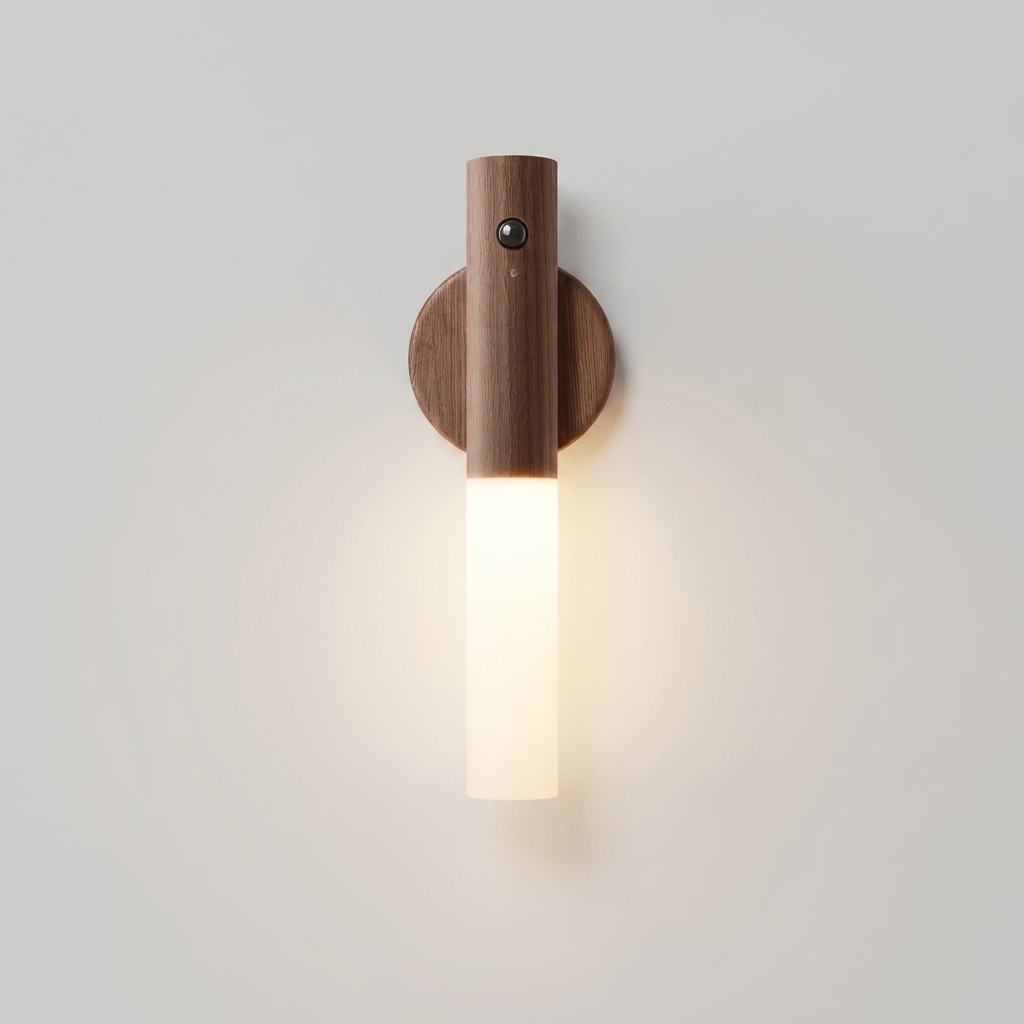 Wooden motion-sensor wall light glowing warm on a wall