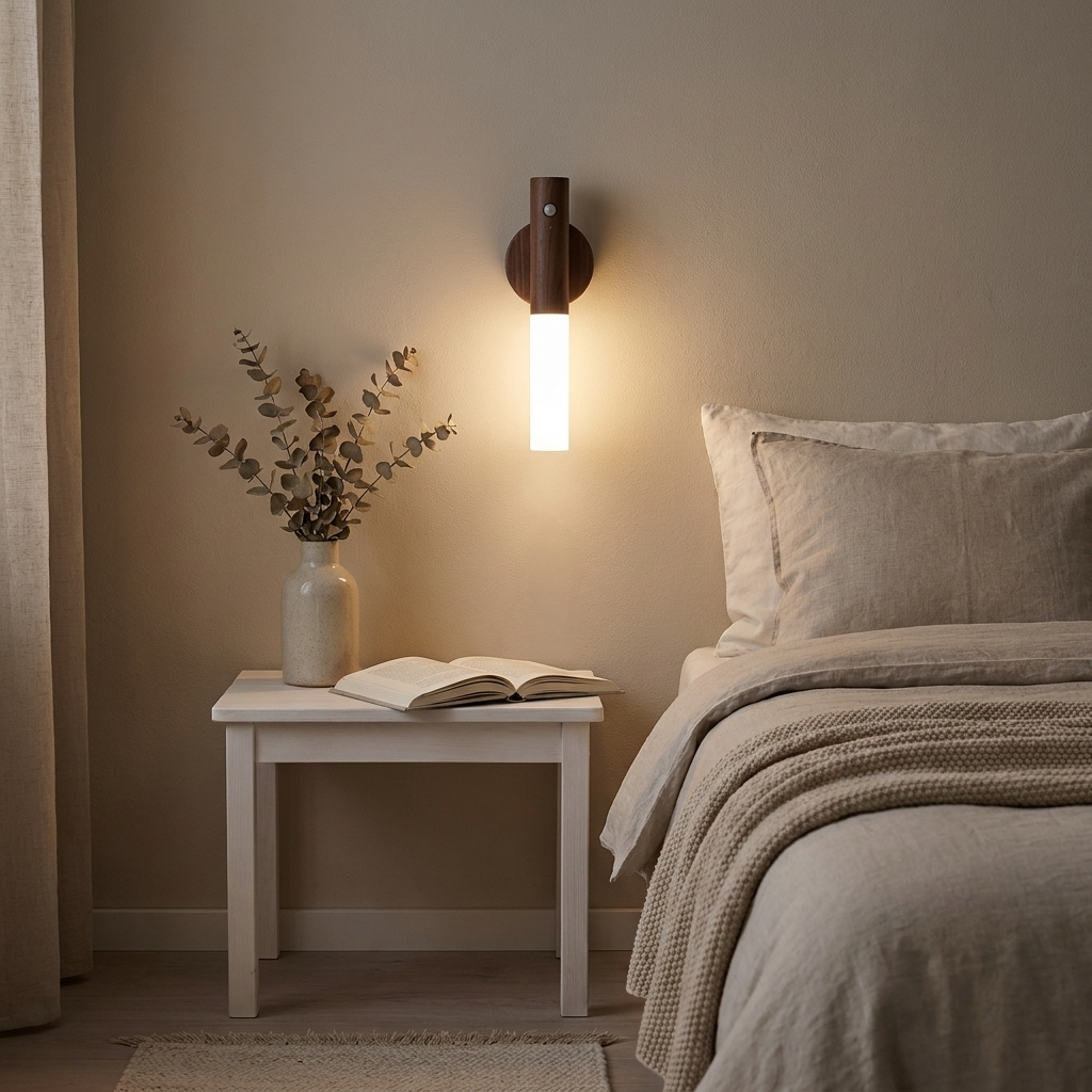 Wooden motion sensor wall light in a bedroom