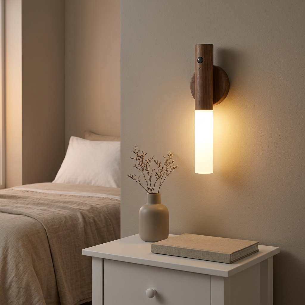 Wooden wall light with magnetic mount detail