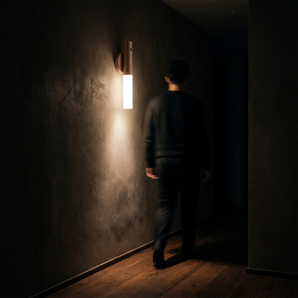 Wooden rechargeable wall light glowing