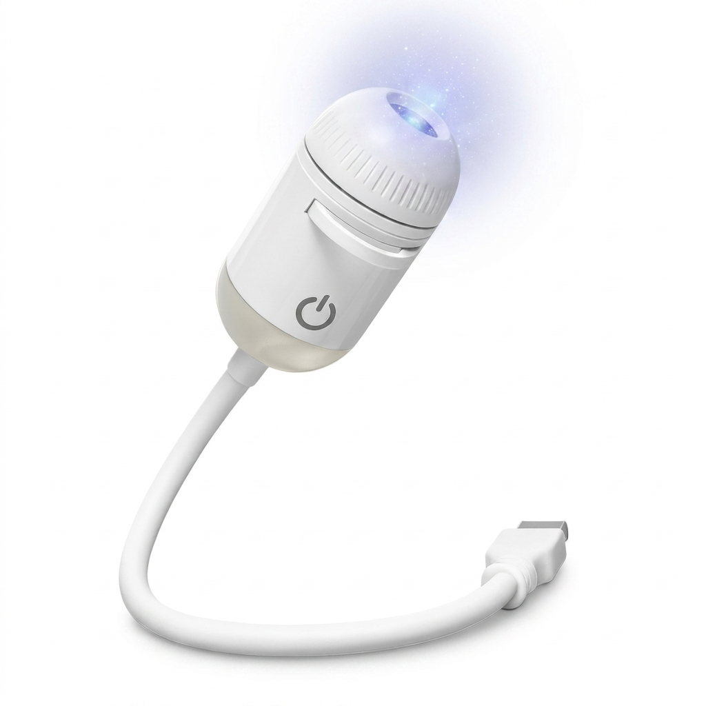 White USB star projector with flexible neck glowing blue