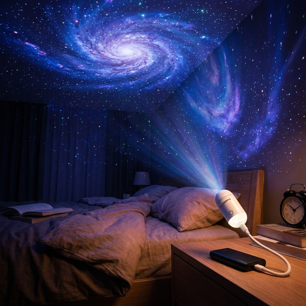 USB star projector casting stars on a bedroom ceiling