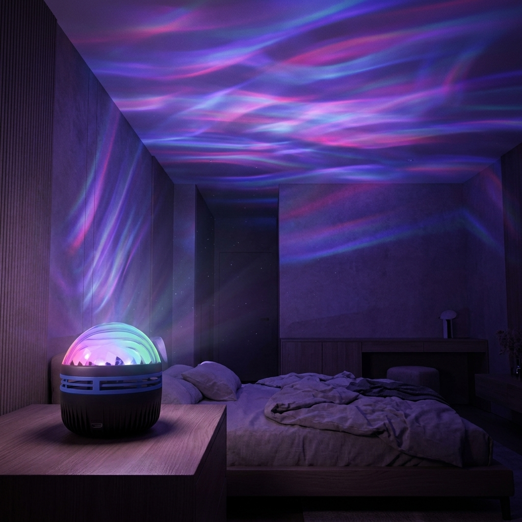 Aurora projector casting northern-lights waves on a ceiling