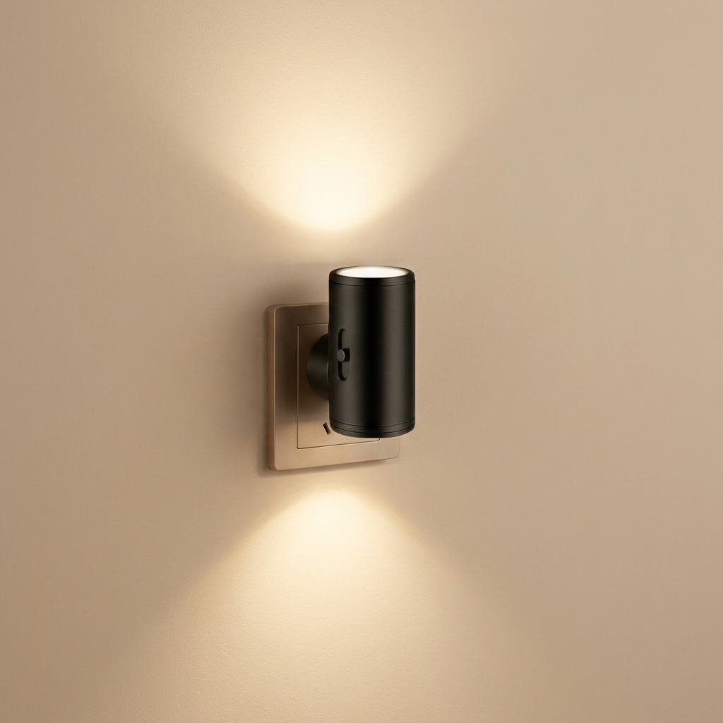 Black plug-in LED night light glowing warm up and down a wall