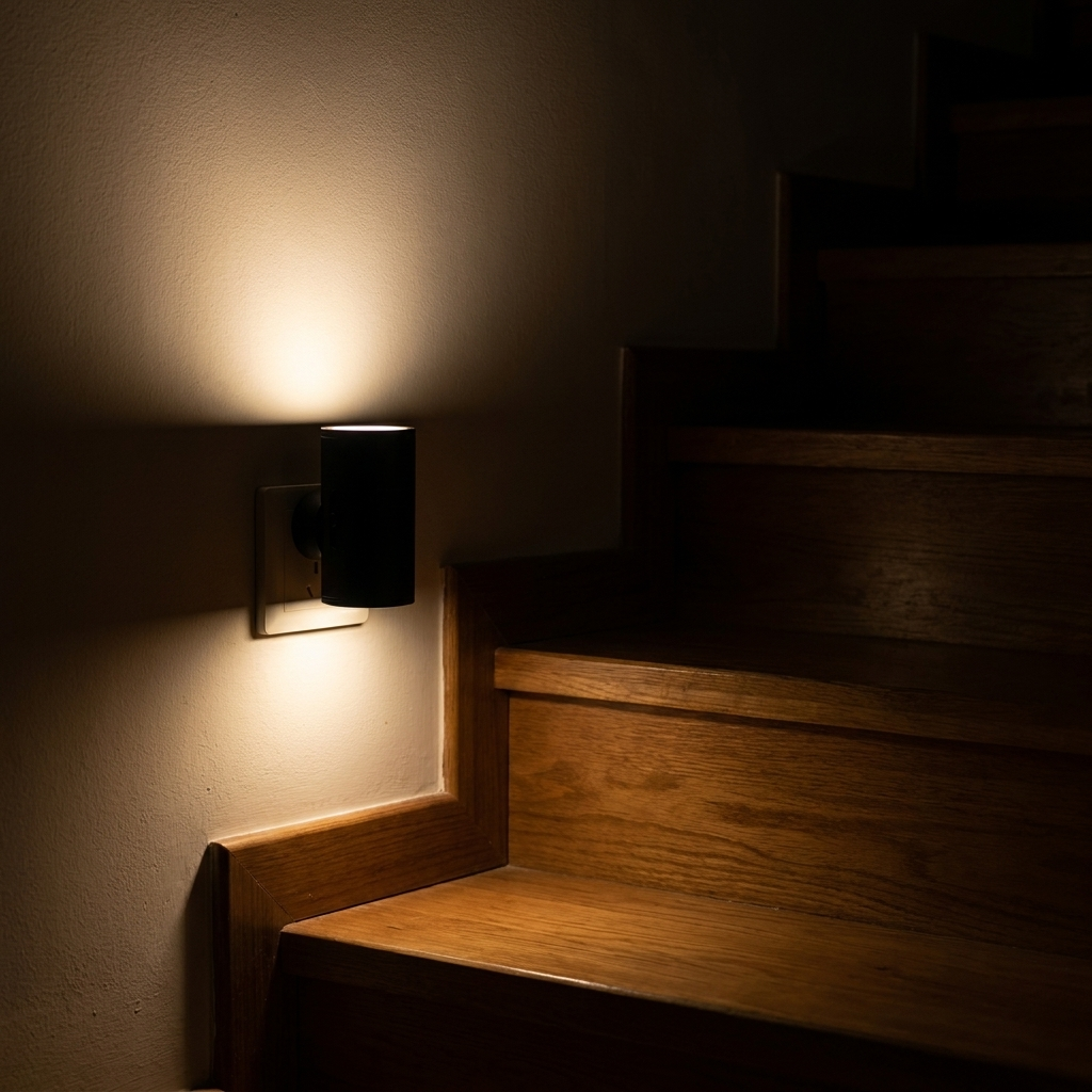 Dimmable plug-in night light on a staircase