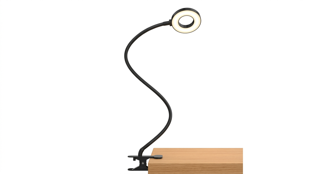 Fixless 10X magnifying LED desk lamp with clamp base and flexible gooseneck arm