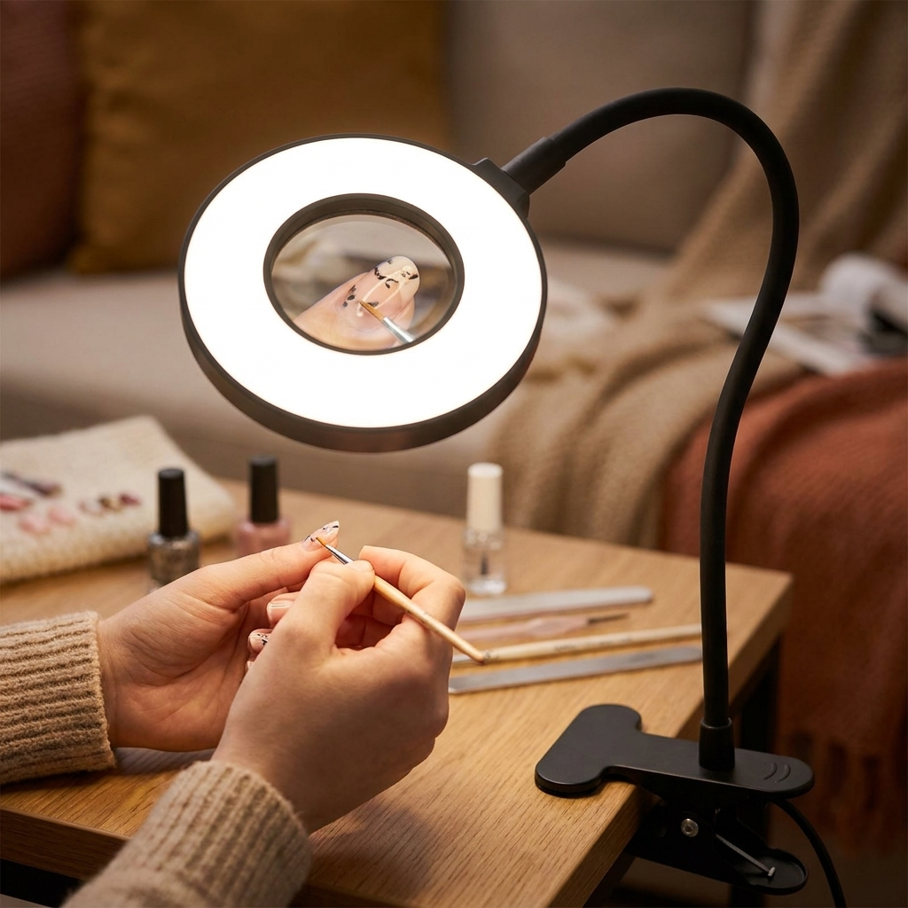 Fixless 10X magnifying LED desk lamp with clamp base and flexible gooseneck arm