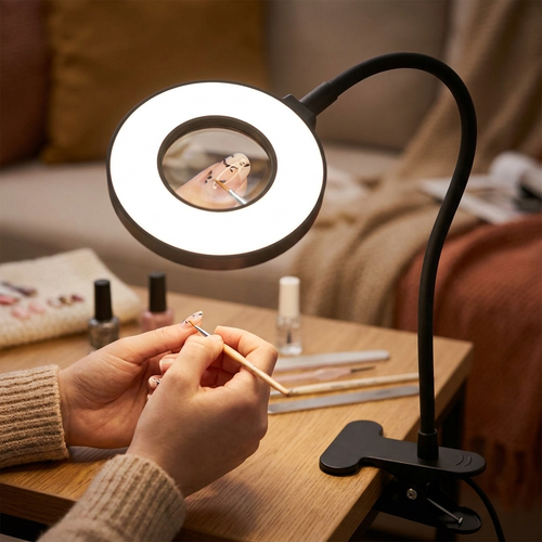 Fixless 10X magnifying LED desk lamp with clamp base and flexible gooseneck arm