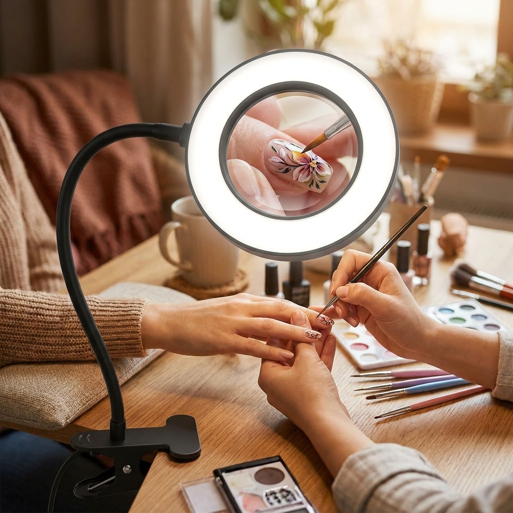 Fixless 10X magnifying LED desk lamp with clamp base and flexible gooseneck arm