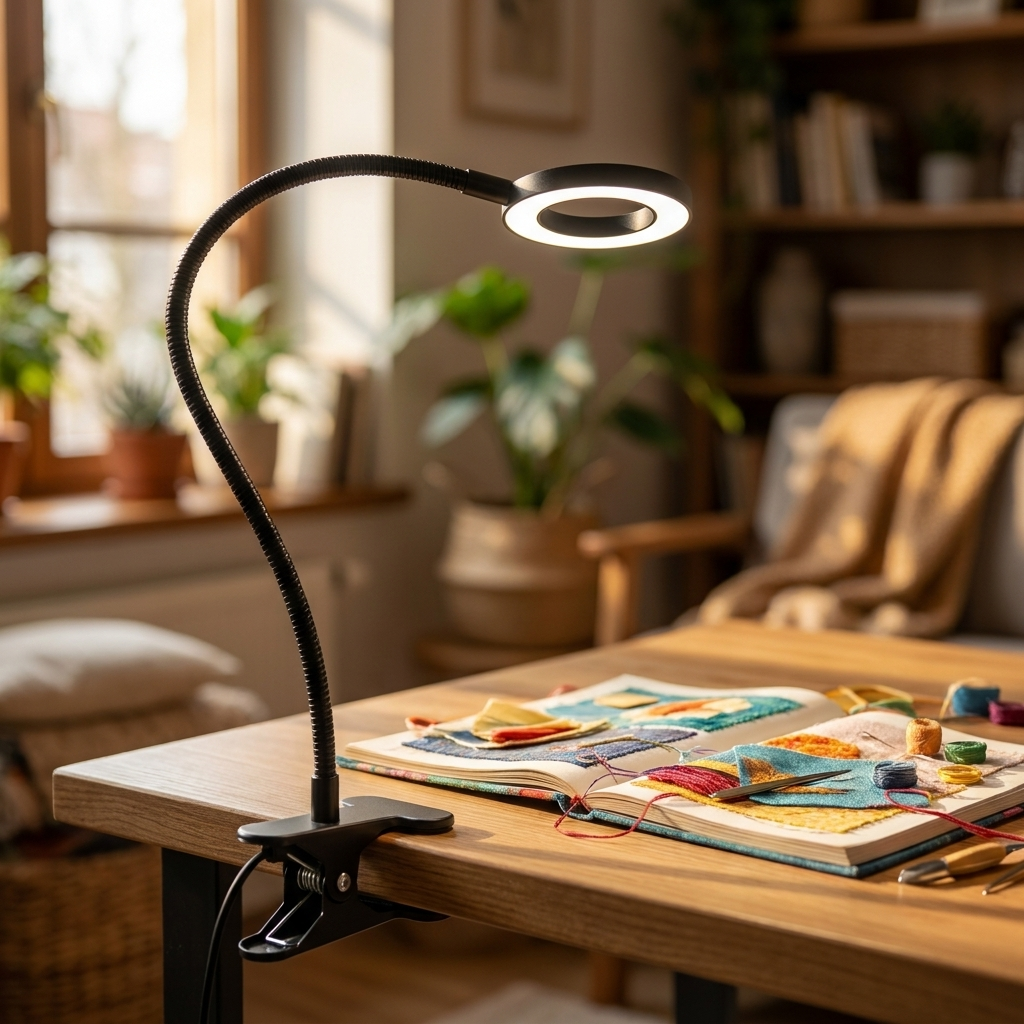 Fixless 10X magnifying LED desk lamp with clamp base and flexible gooseneck arm