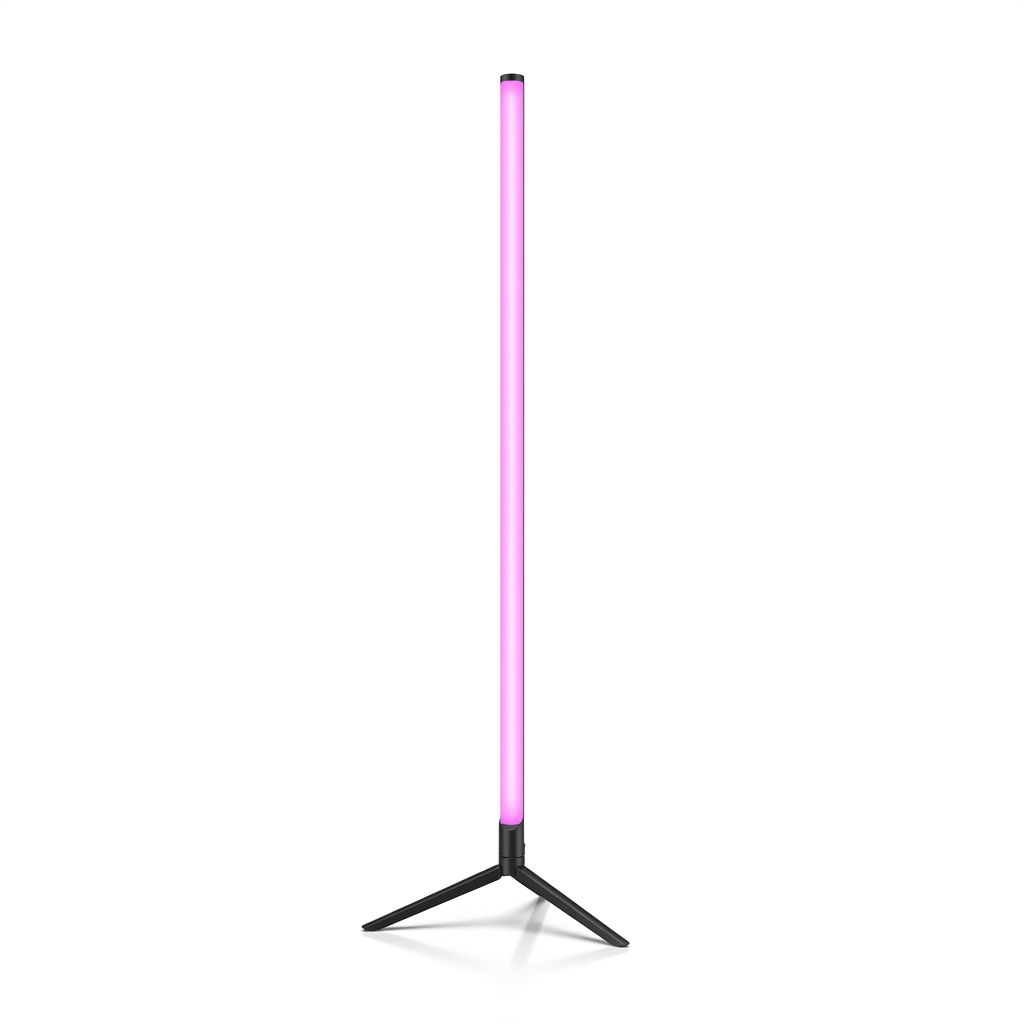 Fixless RGB corner floor lamp with colour-changing LED bar on a black tripod base