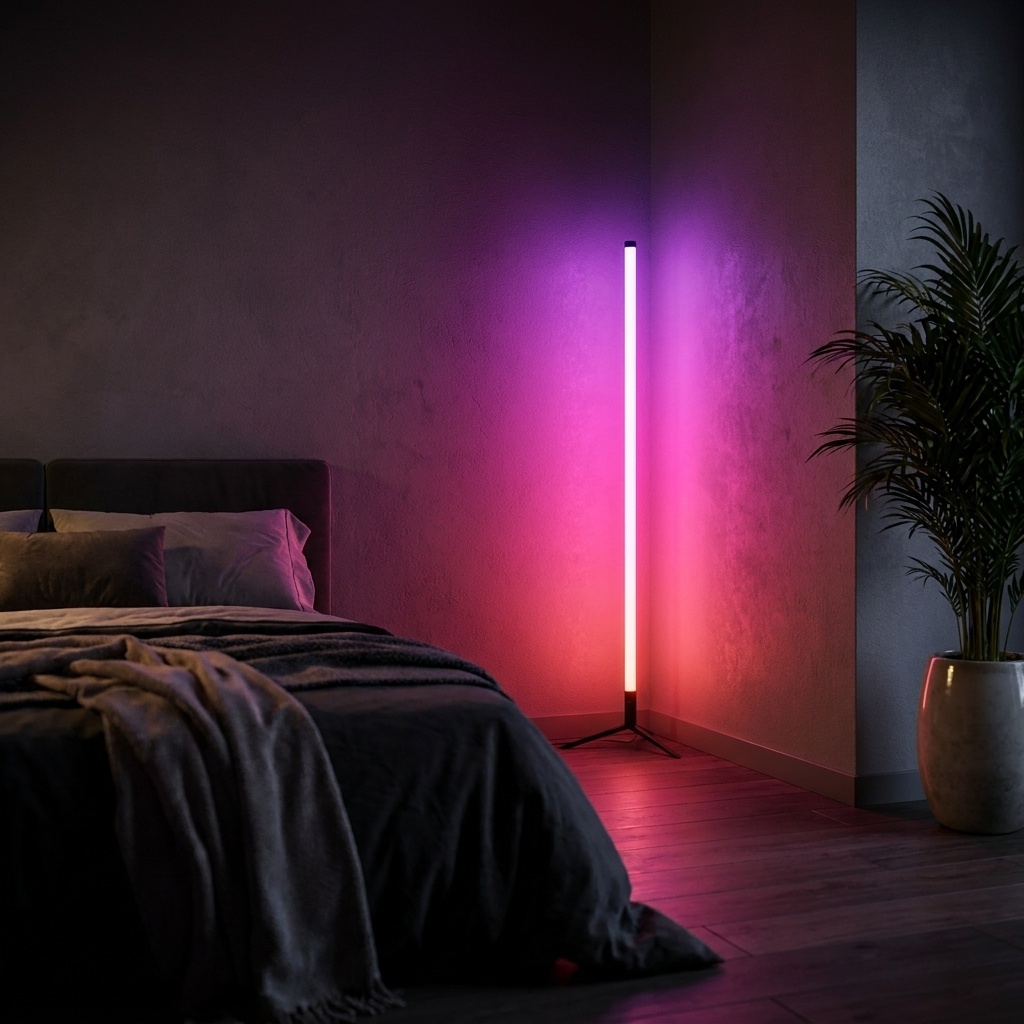Fixless RGB corner floor lamp with colour-changing LED bar on a black tripod base