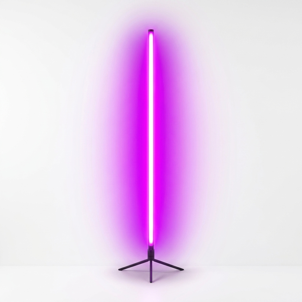 Fixless RGB corner floor lamp with colour-changing LED bar on a black tripod base