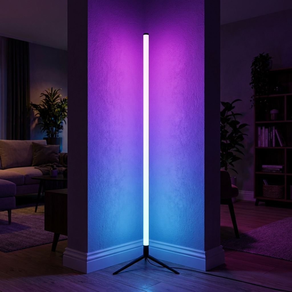 Fixless RGB corner floor lamp with colour-changing LED bar on a black tripod base