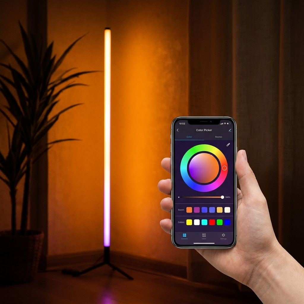 Fixless RGB corner floor lamp with colour-changing LED bar on a black tripod base