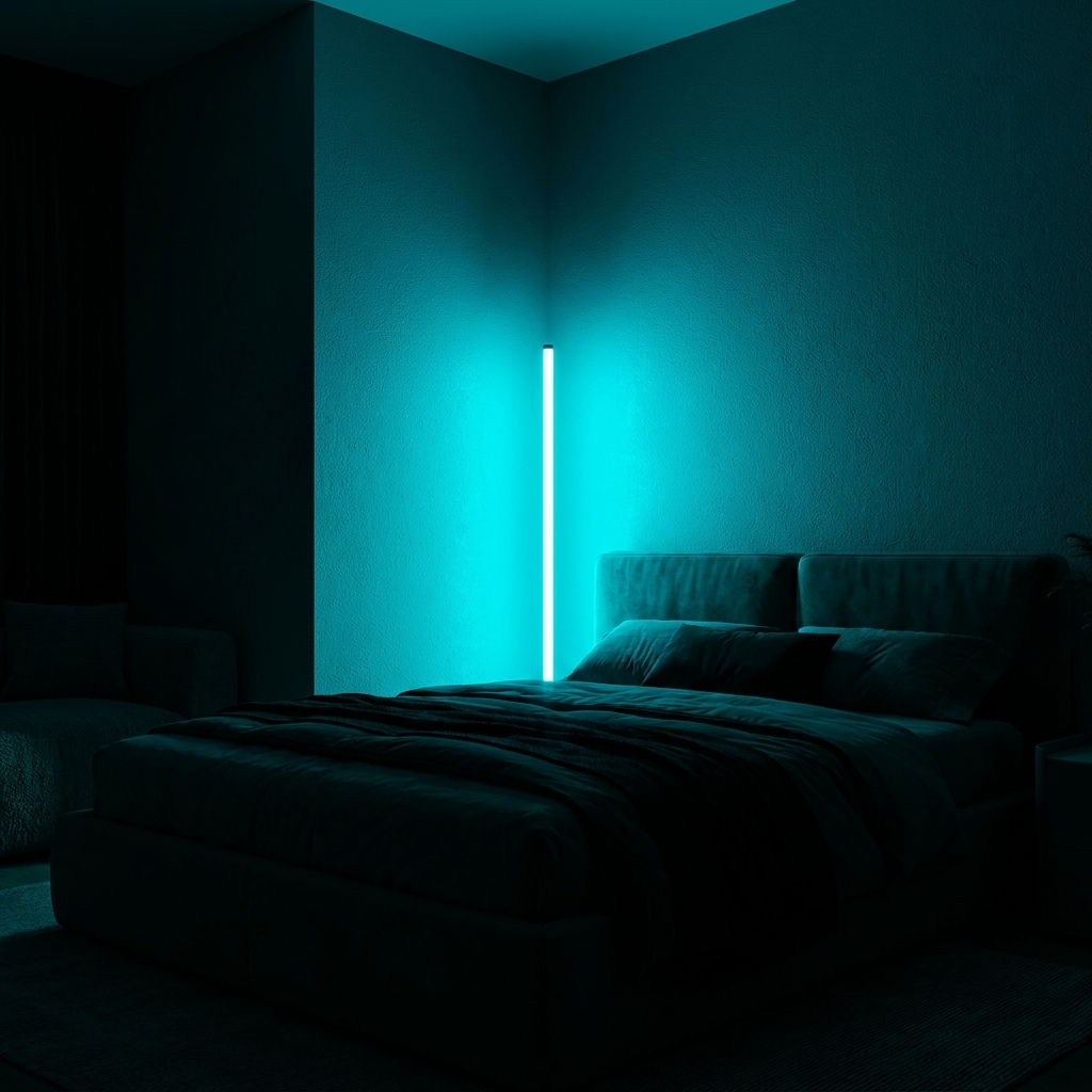 Fixless RGB corner floor lamp with colour-changing LED bar on a black tripod base