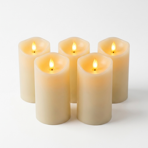 Fixless set of 5 flameless flickering LED pillar candles in cream ivory