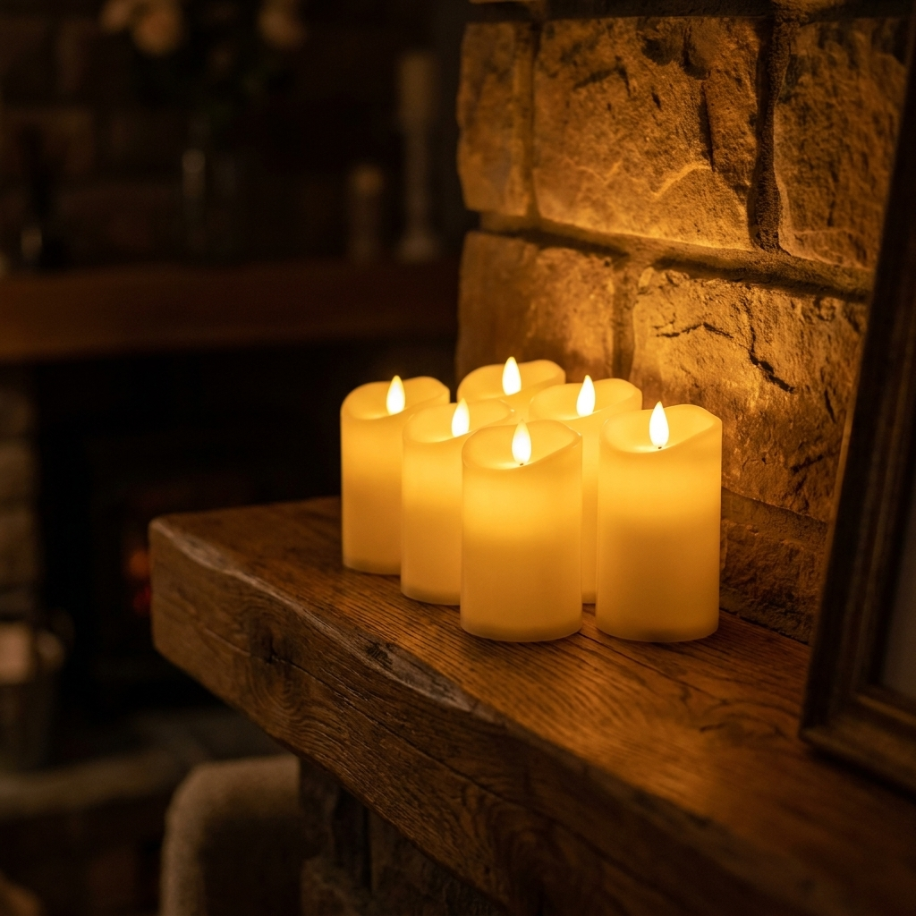 Fixless set of 5 flameless flickering LED pillar candles in cream ivory