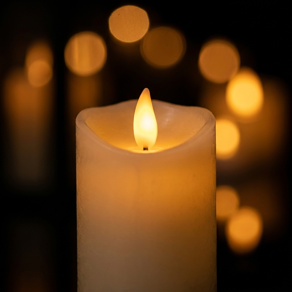 Fixless set of 5 flameless flickering LED pillar candles in cream ivory