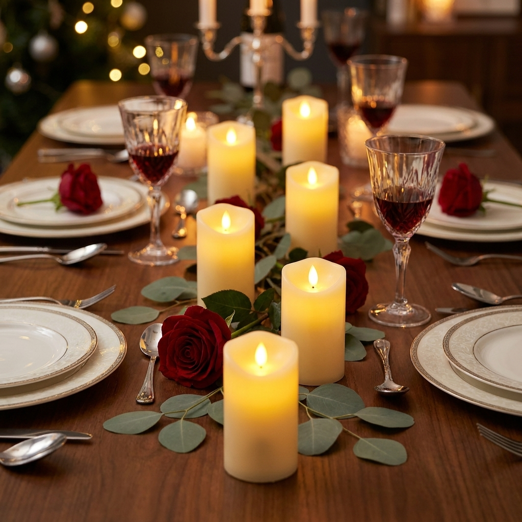 Fixless set of 5 flameless flickering LED pillar candles in cream ivory