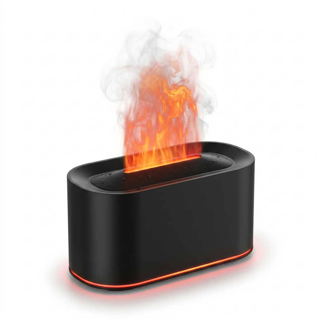 Fixless flame-effect aroma diffuser and humidifier in black finish