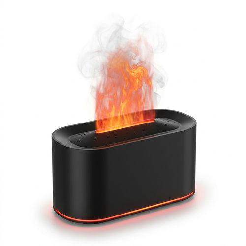 Fixless flame-effect aroma diffuser and humidifier in black finish