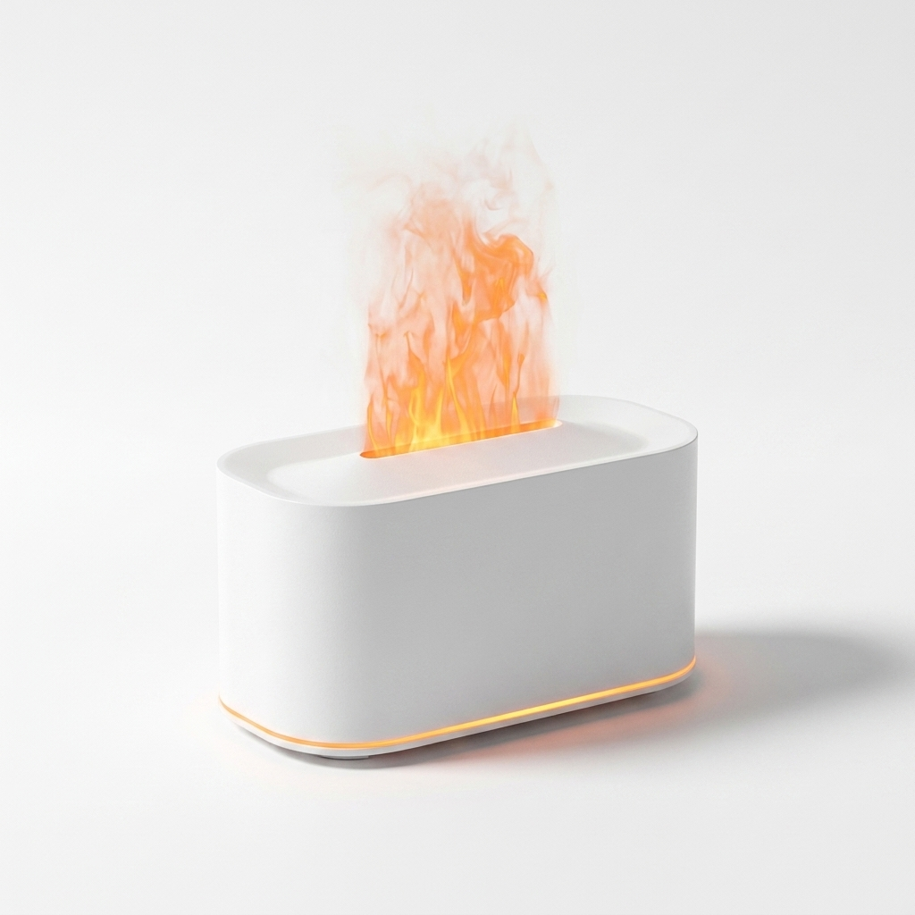 Fixless flame-effect aroma diffuser and humidifier in white finish