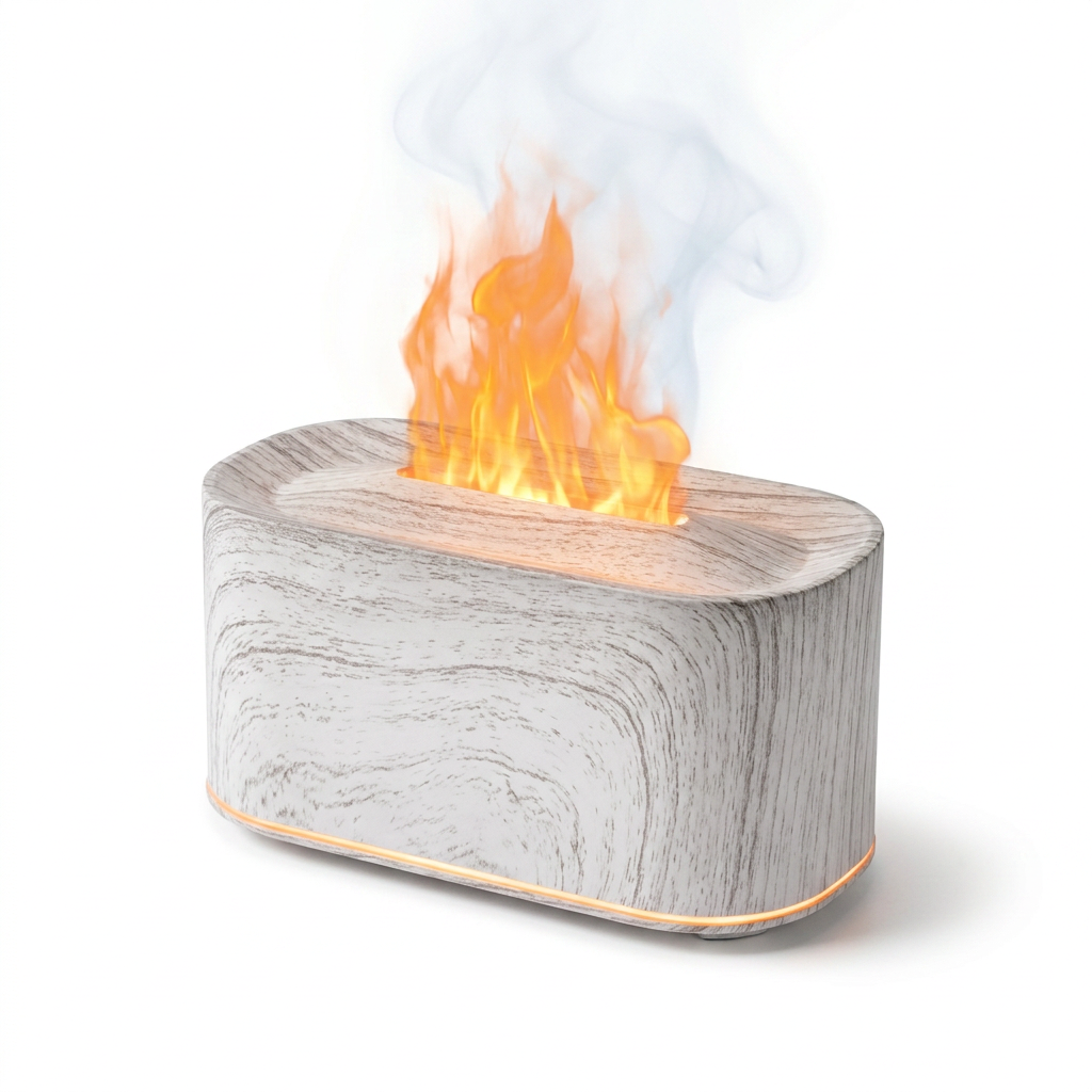 Fixless flame-effect aroma diffuser and humidifier in white wood grain finish