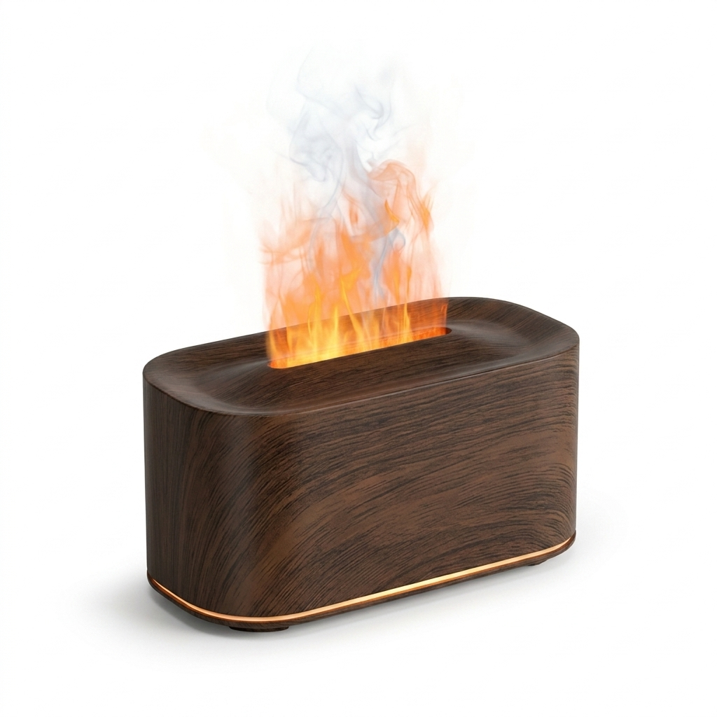 Fixless flame-effect aroma diffuser and humidifier in dark wood grain finish