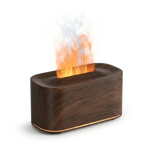Fixless flame-effect aroma diffuser and humidifier in dark wood grain finish