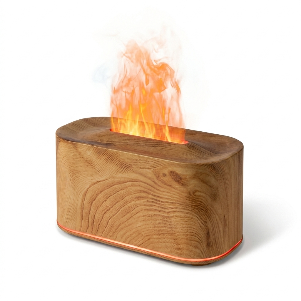Fixless flame-effect aroma diffuser and humidifier in light wood grain finish