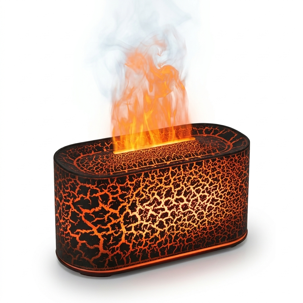 Fixless flame-effect aroma diffuser and humidifier in black crack finish