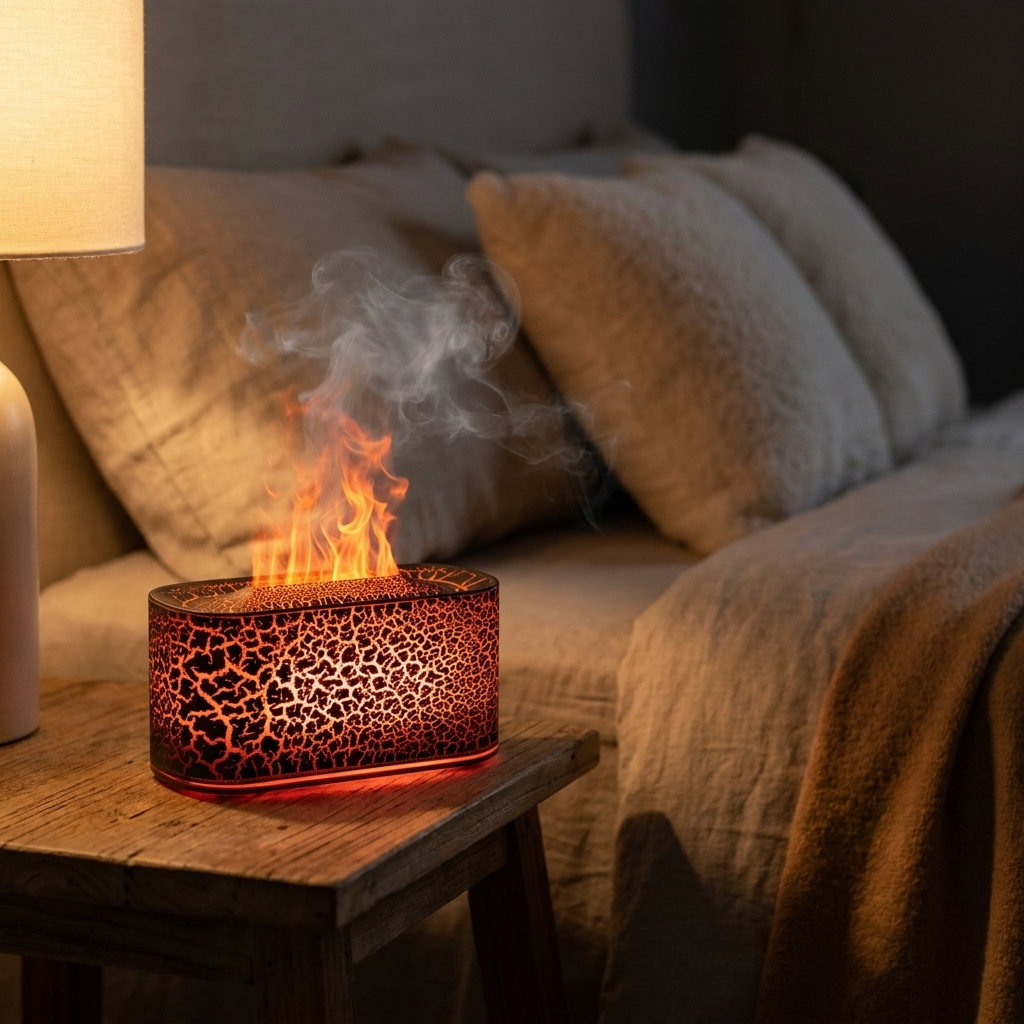Fixless flame-effect aroma diffuser with flame light and cool mist on a bedside table