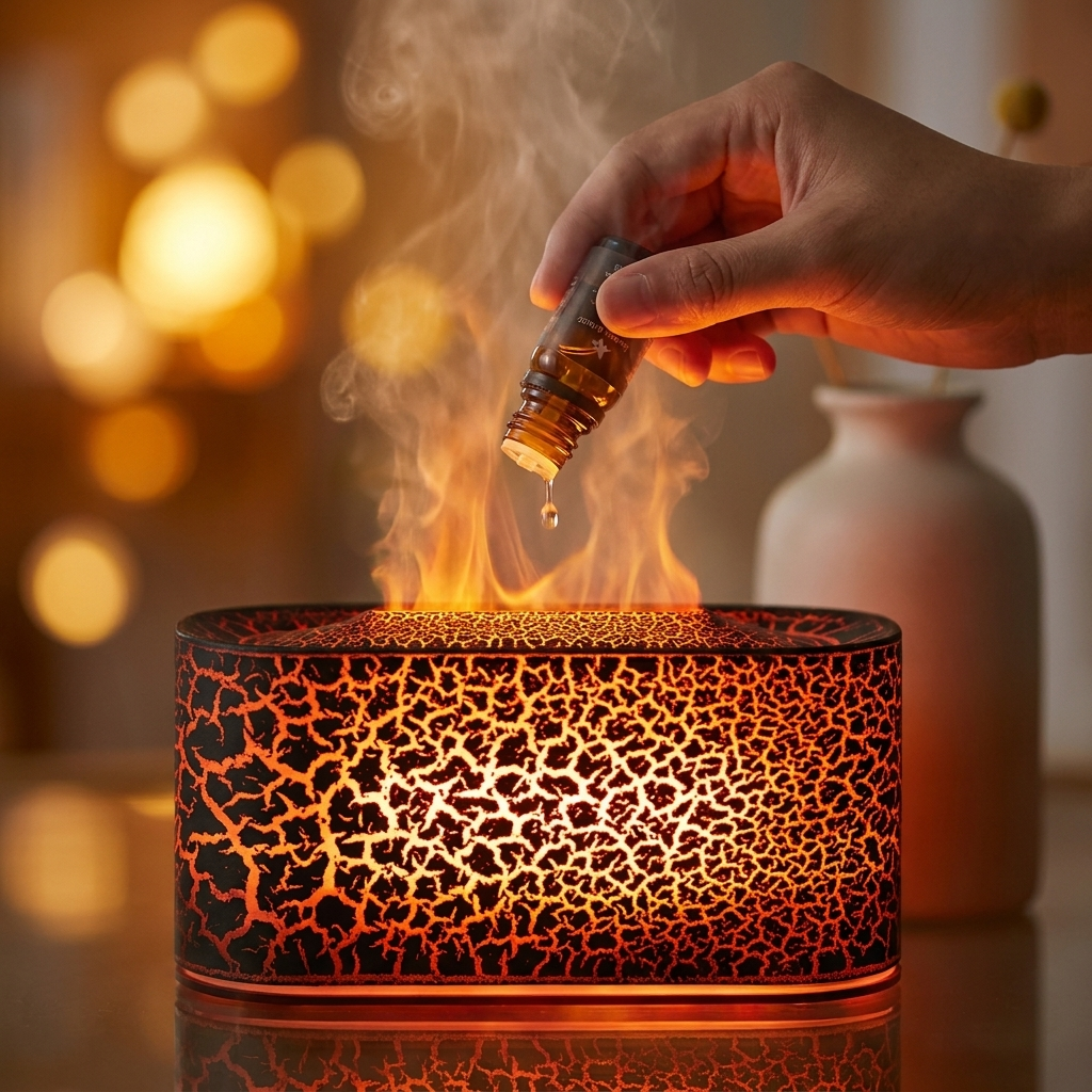 Fixless flame-effect aroma diffuser glowing with essential-oil mist in a bedroom
