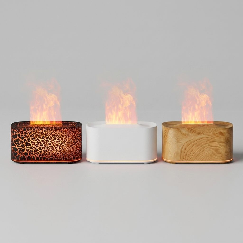 Fixless flame-effect aroma diffuser and humidifier creating a cosy ambient glow