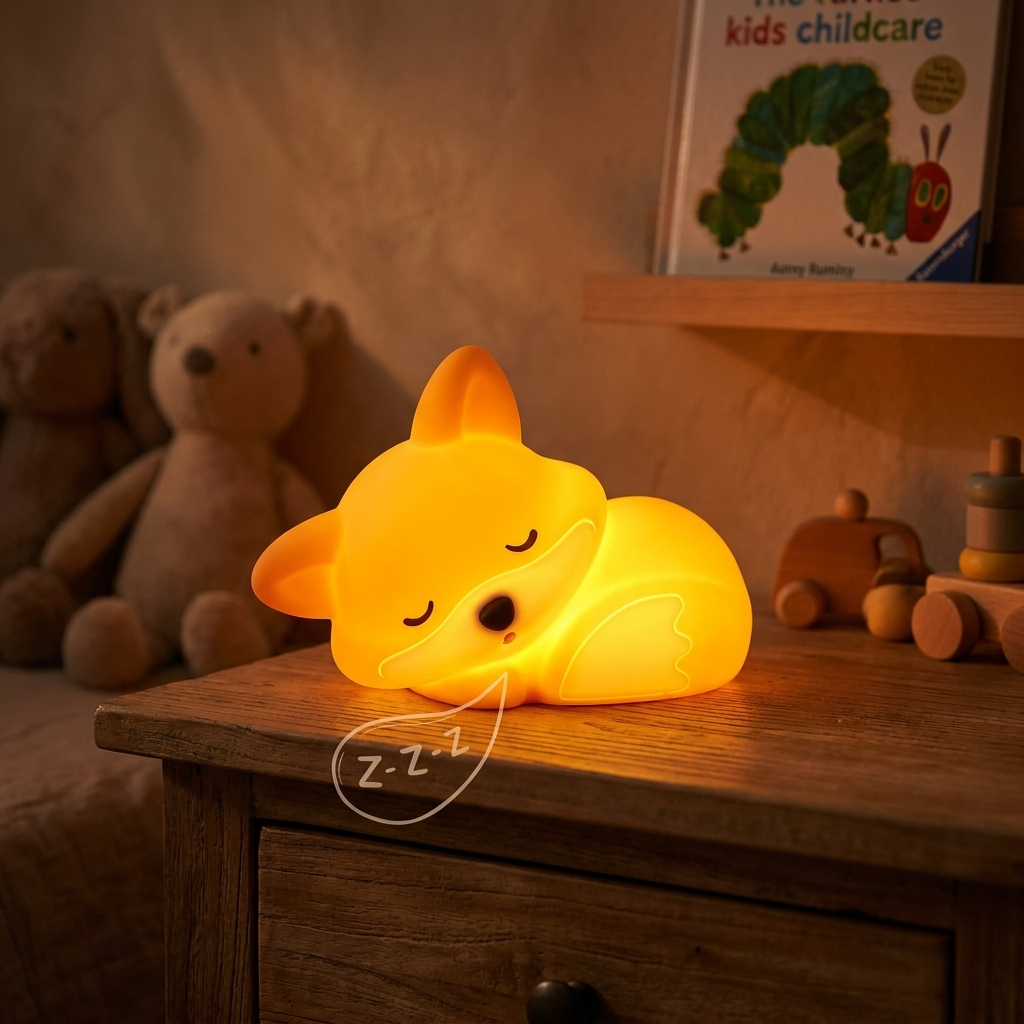 Fixless squishy silicone fox night light glowing warm, rechargeable bedside lamp
