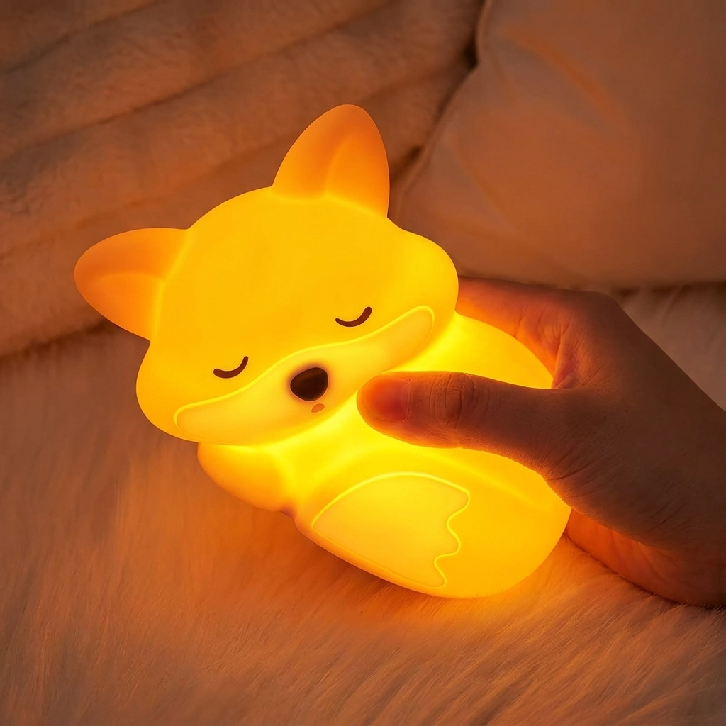 Fixless squishy silicone fox night light glowing warm, rechargeable bedside lamp